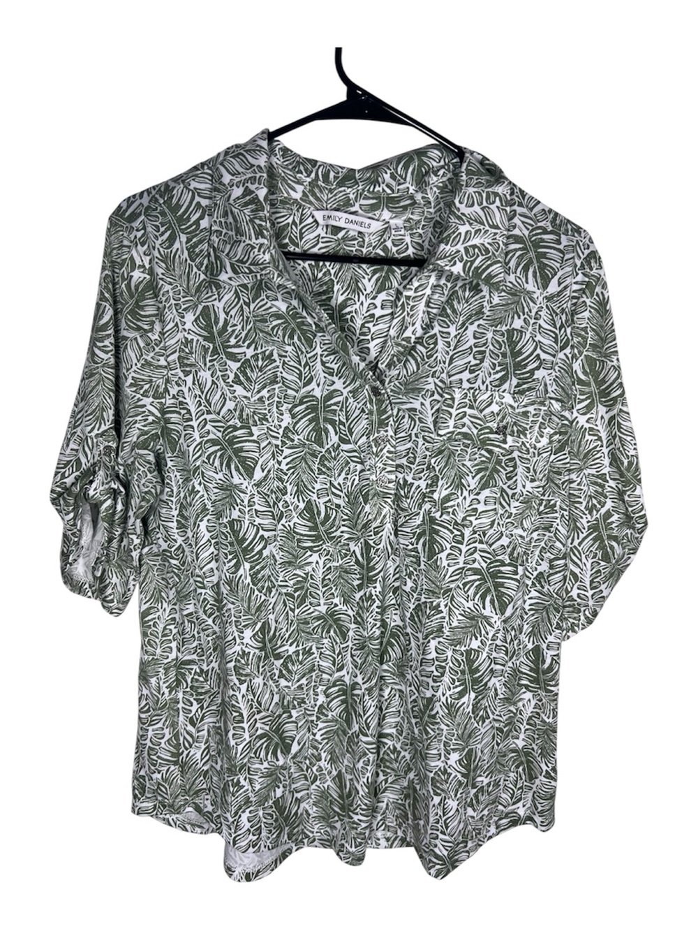Emily Daniel’s Green Tropical Leaf Print Women's Collared Blouse Size L